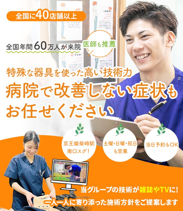 国家資格を持つスタッフが施術するから安心！述べ58,000人以上に選ばれた 痛くないソフトな骨格矯正で、 つらい痛みやコリ・シビレを 根本から改善に導きます